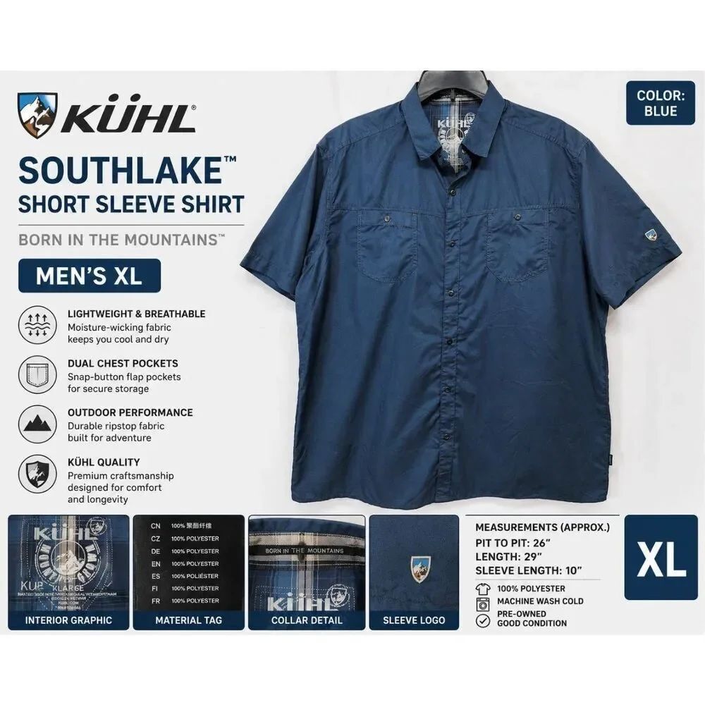 Kuhl Southlake Short Sleeve Button Up Shirt Men’s XL Blue Outdoor Hiking